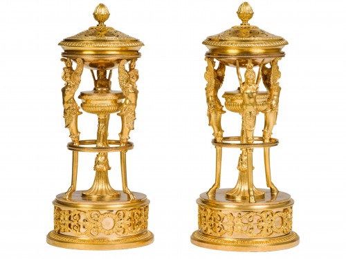 Paire de brûle-parfums en bronze doré Epoque Empire