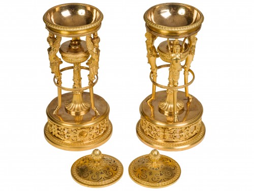 Objet de décoration Cassolettes, coupe et vase - Paire de brûle-parfums en bronze doré Epoque Empire