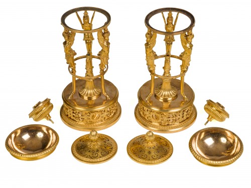 Paire de brûle-parfums en bronze doré Epoque Empire - Christophe Havas