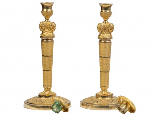 Paire de bougeoirs en bronze doré Epoque Empire - Luminaires Style Empire
