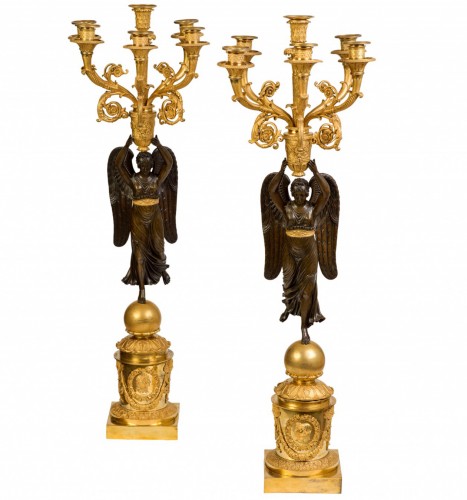 Paire de candélabres en bronze patiné et doré Epoque Empire