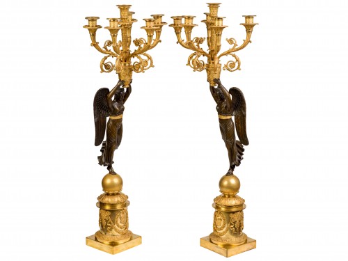 Paire de candélabres en bronze patiné et doré Epoque Empire - Luminaires Style Empire