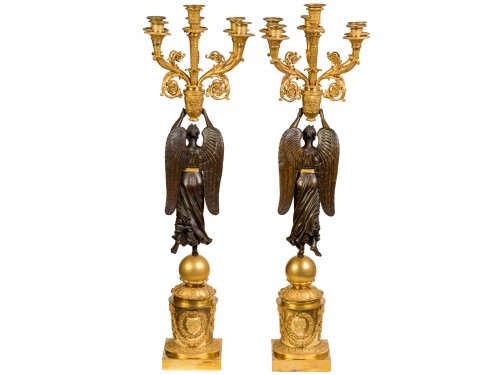Luminaires Bougeoirs et Chandeliers - Paire de candélabres en bronze patiné et doré Epoque Empire