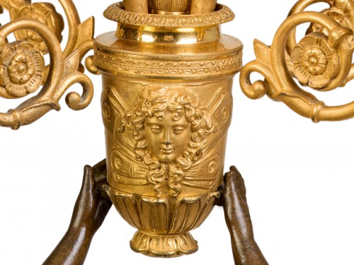 Paire de candélabres en bronze patiné et doré Epoque Empire - Empire