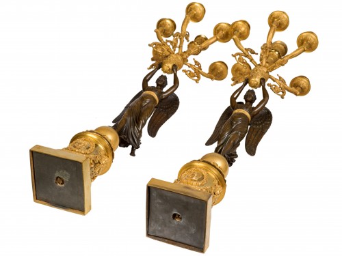 Antiquités - Paire de candélabres en bronze patiné et doré Epoque Empire