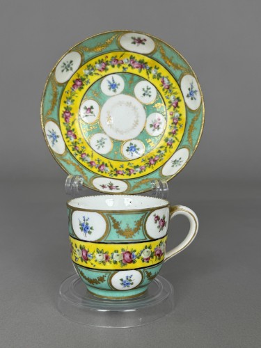 Sèvres soft-paste porcelain cup and saucer with floral reserves - Porcelain & Faience Style 