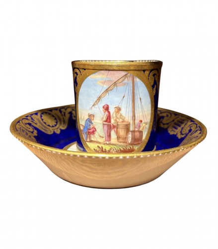 Sèvres soft-paste porcelain cup and saucer with harbor scene, Morin 1778