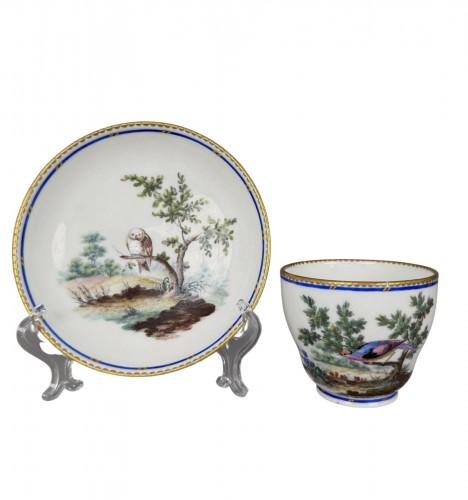 Sèvres soft-paste porcelain cup and saucer with owl and bird decoration