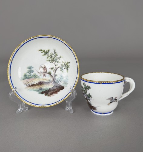 Sèvres soft-paste porcelain cup and saucer with owl and bird decoration - Porcelain & Faience Style 