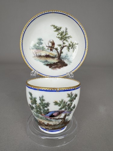 Porcelain & Faience  - Sèvres soft-paste porcelain cup and saucer with owl and bird decoration