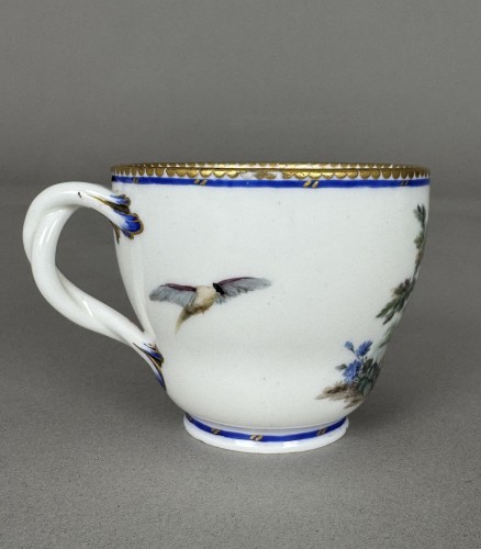 Antiquités - Sèvres soft-paste porcelain cup and saucer with owl and bird decoration