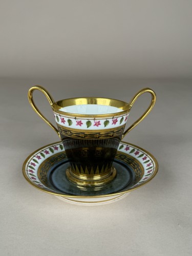 Sèvres Tortoiseshell-Glazed Two-Handled Cup and Saucer - Porcelain & Faience Style 