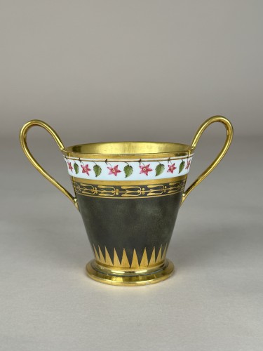 Porcelain & Faience  - Sèvres Tortoiseshell-Glazed Two-Handled Cup and Saucer