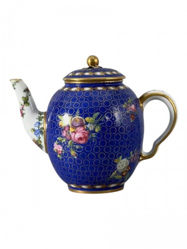Sèvres Soft-Paste Porcelain Floral Teapot with Blue Ground and Gilded Dots