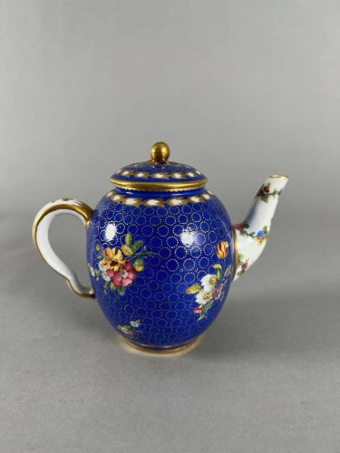 Porcelain & Faience  - Sèvres Soft-Paste Porcelain Floral Teapot with Blue Ground and Gilded Dots