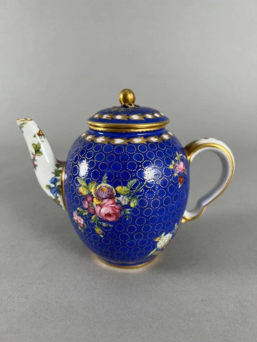 Sèvres Soft-Paste Porcelain Floral Teapot with Blue Ground and Gilded Dots - 