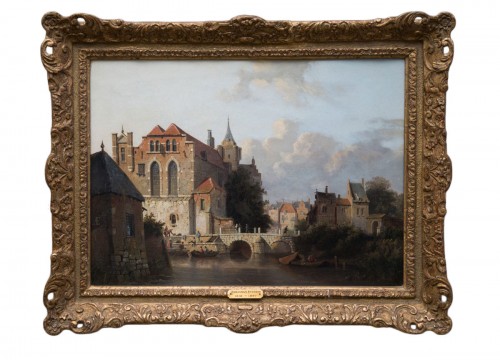 Adrianus Eversen (1818-1897)  - Ville fluviale néerlandaise, avec des personnages et des batea