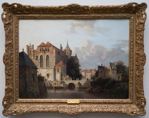 Tableaux et dessins Tableaux XIXe siècle - Adrianus Eversen (1818-1897)  - Ville fluviale néerlandaise, avec des personnages et des batea