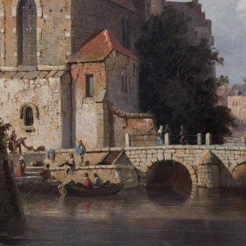 Adrianus Eversen (1818-1897)  - Ville fluviale néerlandaise, avec des personnages et des batea - ClassicArtworks Stockholm
