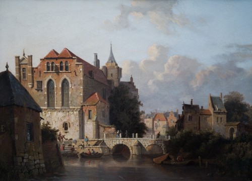 Antiquités - Adrianus Eversen (1818-1897)  - Ville fluviale néerlandaise, avec des personnages et des batea