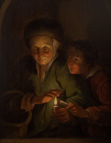Tableaux et dessins Tableaux XIXe siècle - Vieille femme et garçon aux bougies, suiveur de Godfried Schalcken