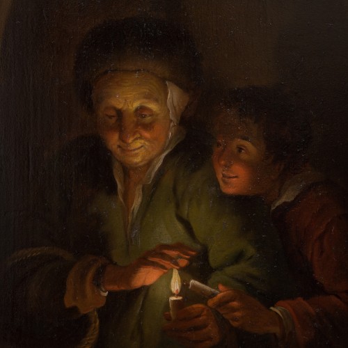 XIXe siècle - Vieille femme et garçon aux bougies, suiveur de Godfried Schalcken
