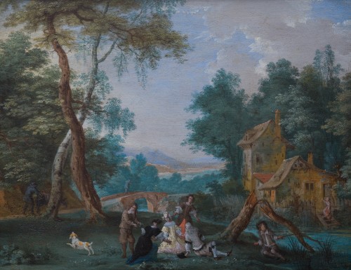  Paysage boisé avec une compagnie élégante, attribué à Pieter Gysels (1621-1690/91) - Tableaux et dessins Style 