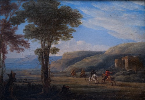 Paysage du sud avec cavaliers - Miniature du XVIIe siècle sur cuivre - Tableaux et dessins Style 