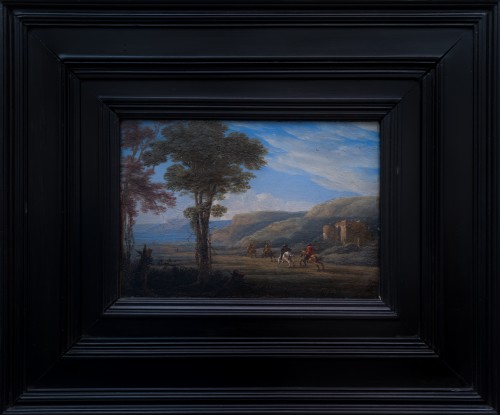 Tableaux et dessins Tableaux XVIIe siècle - Paysage du sud avec cavaliers - Miniature du XVIIe siècle sur cuivre