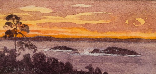 Fanny Hjelm (1858-1944) - Paysage miniature au coucher du soleil - Tableaux et dessins Style 