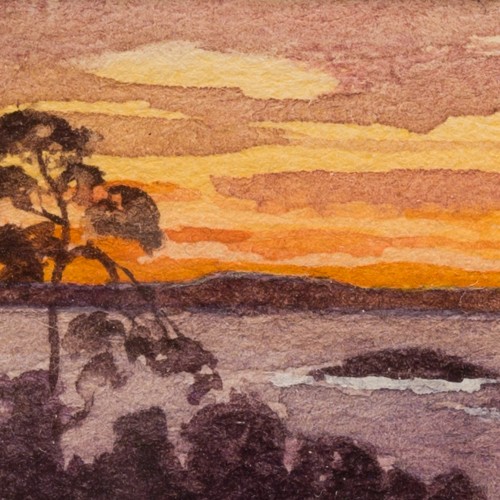 Tableaux et dessins Dessin, Aquarelle & Pastel - Fanny Hjelm (1858-1944) - Paysage miniature au coucher du soleil