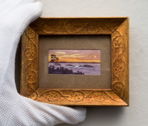 XXe siècle - Fanny Hjelm (1858-1944) - Paysage miniature au coucher du soleil