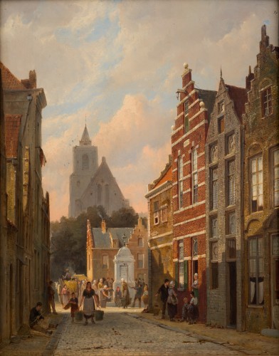 Pieter Cornelis Dommersen (1833 - après 1913) -  Utrecht, Une journée à la Place St. Gertrude (1880) - Tableaux et dessins Style 