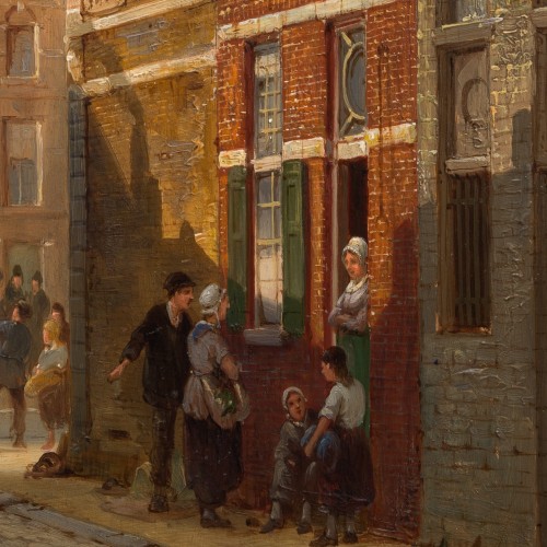 XIXe siècle - Pieter Cornelis Dommersen (1833 - après 1913) -  Utrecht, Une journée à la Place St. Gertrude (1880)