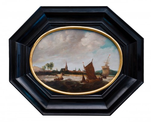 Dutch School, 17th Century, Shipping in a Stiff Breeze, a City Beyond