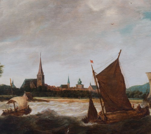 Paintings & Drawings  - Dutch School, 17th Century, Shipping in a Stiff Breeze, a City Beyond