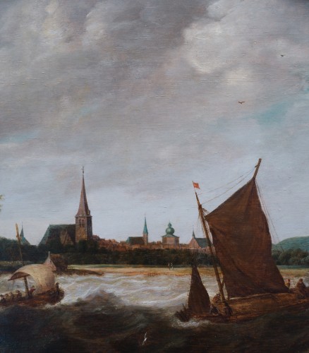 Dutch School, 17th Century, Shipping in a Stiff Breeze, a City Beyond - 