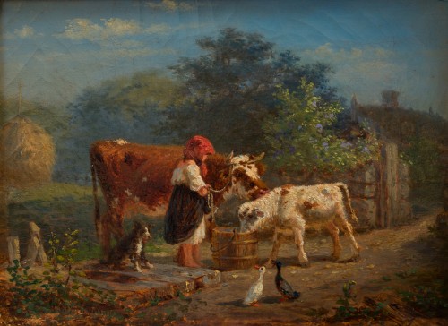 Tableaux et dessins Tableaux XIXe siècle - Gustaf Brandelius (1833 - 188) - Une jeune femme avec ses animaux