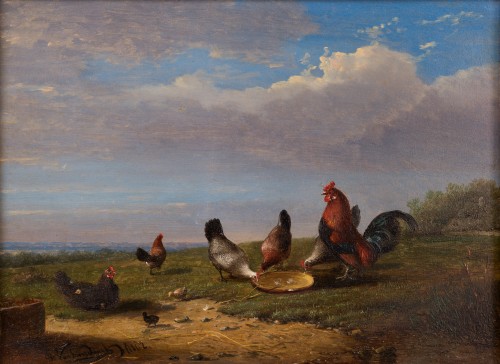 Frans van Severdonck (1809 - 1889) - Coq et poules à l'aube, 1862 - Tableaux et dessins Style 