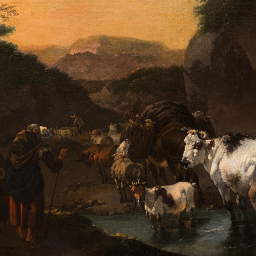 Jan Frans Soolmaker (1635?1685) - Berger avec des Moutons, des Vaches et une Chèvre dans un Paysa - Tableaux et dessins Style 