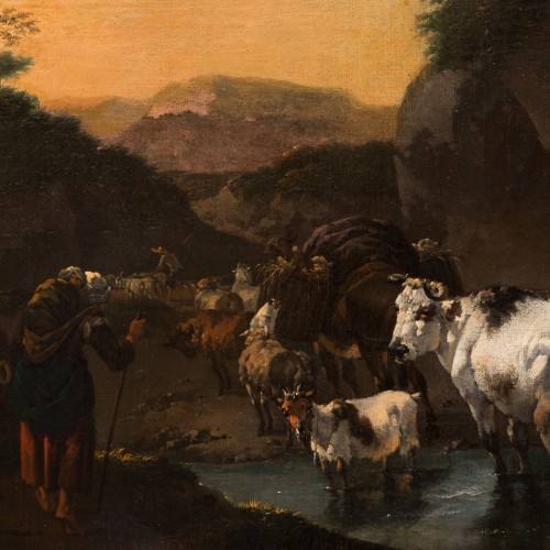 Jan Frans Soolmaker (1635?1685) - Shepherd with Sheep, Cows and a  - Paintings & Drawings Style 