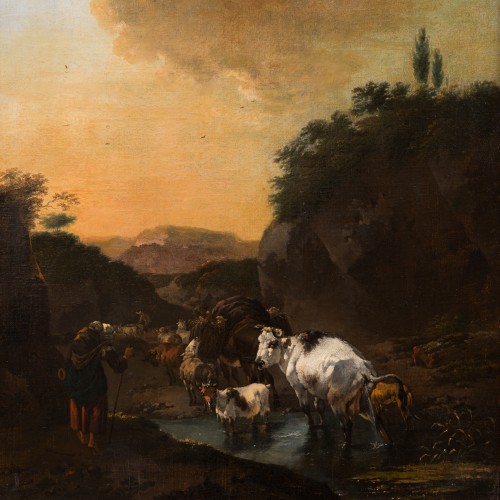 Tableaux et dessins Tableaux XVIIe siècle - Jan Frans Soolmaker (1635?1685) - Berger avec des Moutons, des Vaches et une Chèvre dans un Paysa