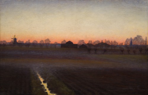 Albert Larsson (1869-1952) - Twilight Landscape with Windmill and Church