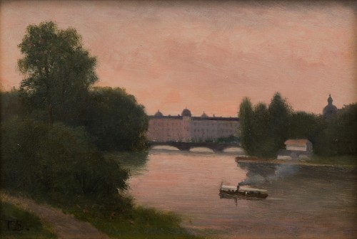 Theodor Billing (1816-1892,) - Bateau à vapeur dans la lumière du soir