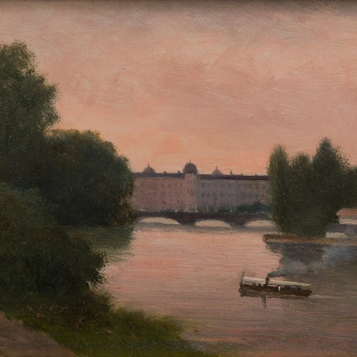 Theodor Billing (1816-1892,) - Bateau à vapeur dans la lumière du soir - Tableaux et dessins Style 