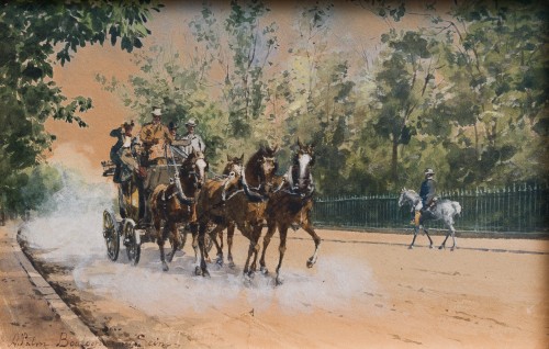 Tableaux et dessins Dessin, Aquarelle & Pastel - Anna Palm de Rosa (1859-1924) - Diligence et chevaux à toute vitesse
