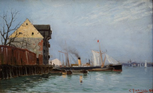 Carl Flodman (1863-1888) - Scène portuaire de 1884 - Tableaux et dessins Style 