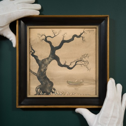 Tableaux et dessins Dessin, Aquarelle & Pastel - Einar Norelius (1900–1985) - Personnage ramant dans un paysage étrange