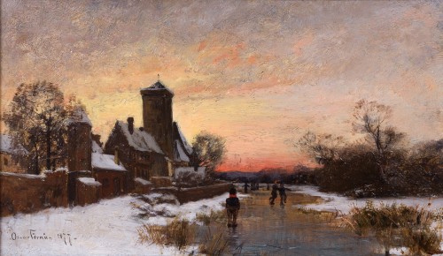 Oscar Törnå (1842–1894) - Skaters at Sunset by the Village Creek - Paintings & Drawings Style 