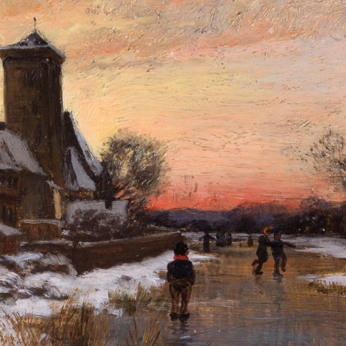 Paintings & Drawings  - Oscar Törnå (1842–1894) - Skaters at Sunset by the Village Creek